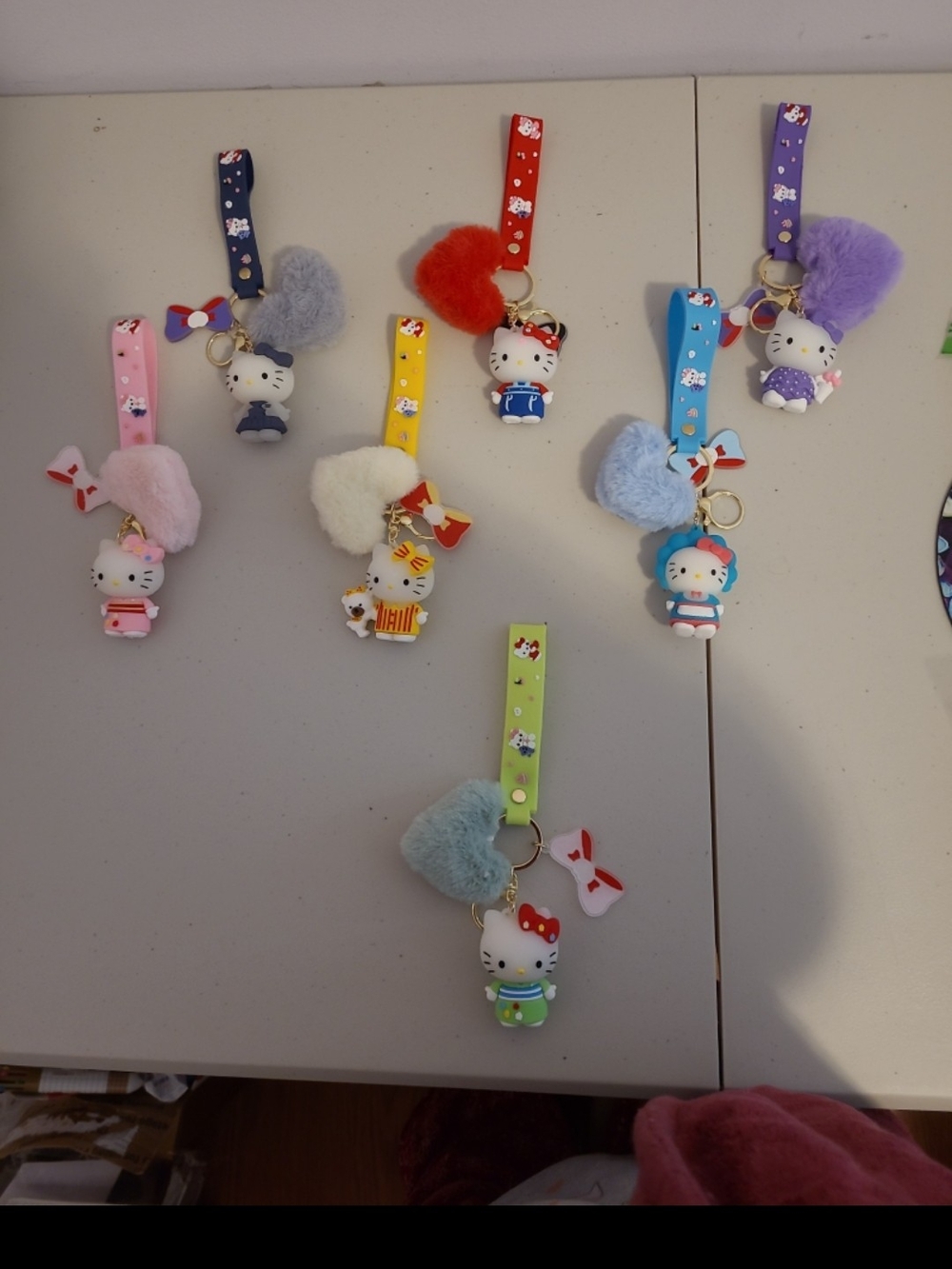 Hello Kitty Plush Charm Keychain Set - Pink Red Yellow Blue Purple Green Cream